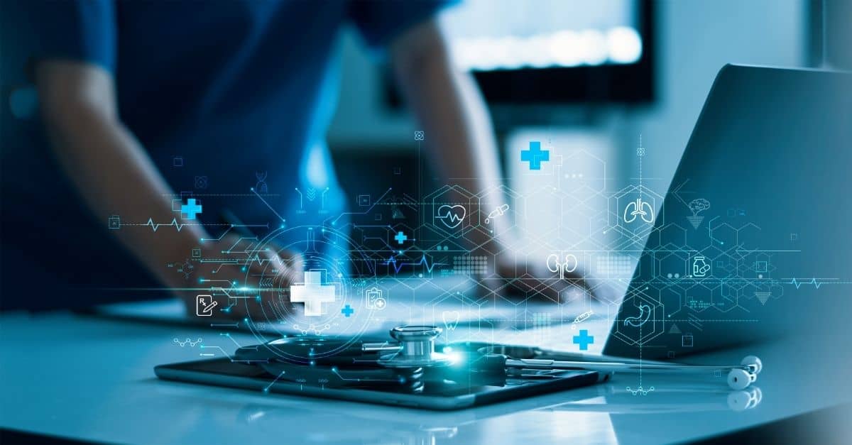 Someone using AI in their healthcare job at Harmony Healthcare